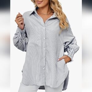 FEOYA Women Vertical Striped Button Down Blouse Long Sleeve Collared/Pockets Reg